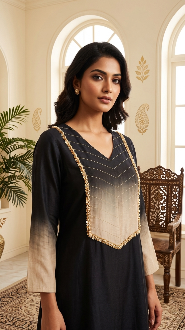 Women Black Hand Work Muslin Silk Kurta Pant Dupatta Set