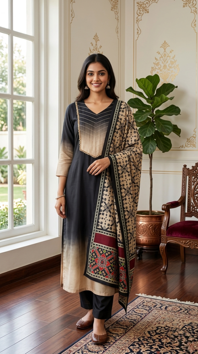 Women Black Hand Work Muslin Silk Kurta Pant Dupatta Set