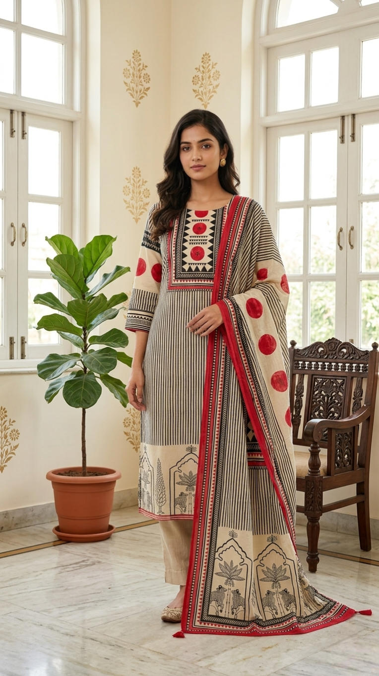 Women Beige With Black Printed Crepe Silk Kurta Pant Dupatta Set