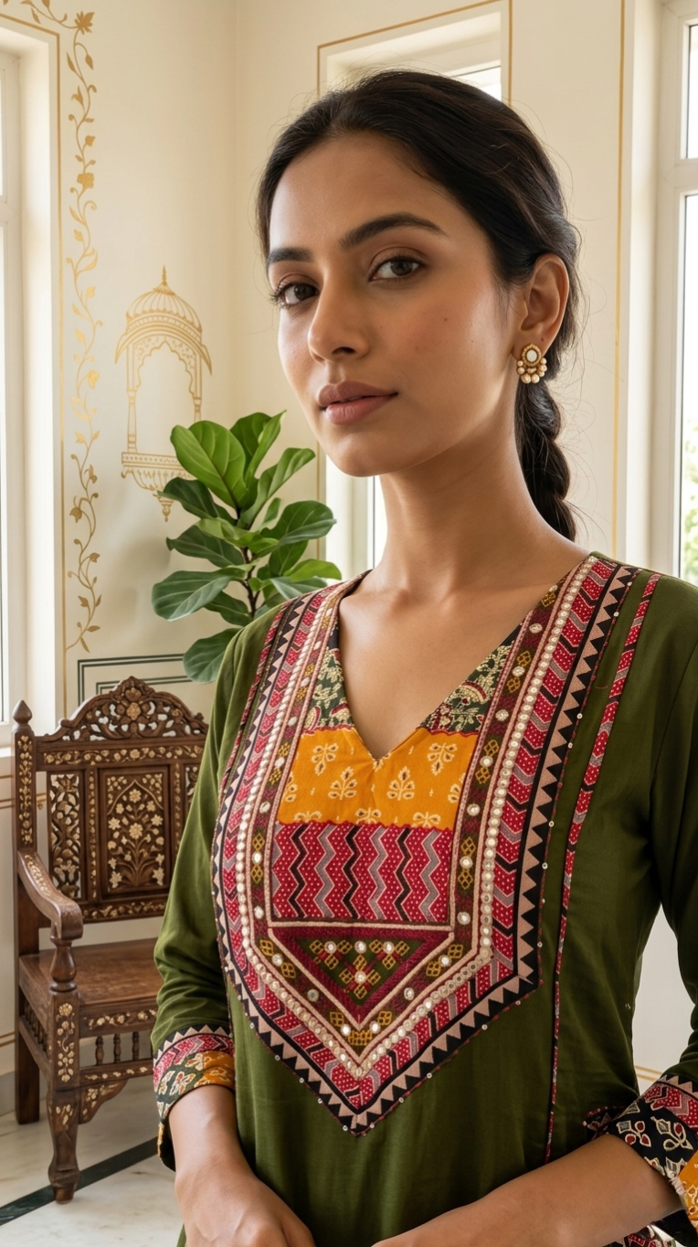 Women Mehandi Patch With Thread Work Cotton Kurta Pant Dupatta Set