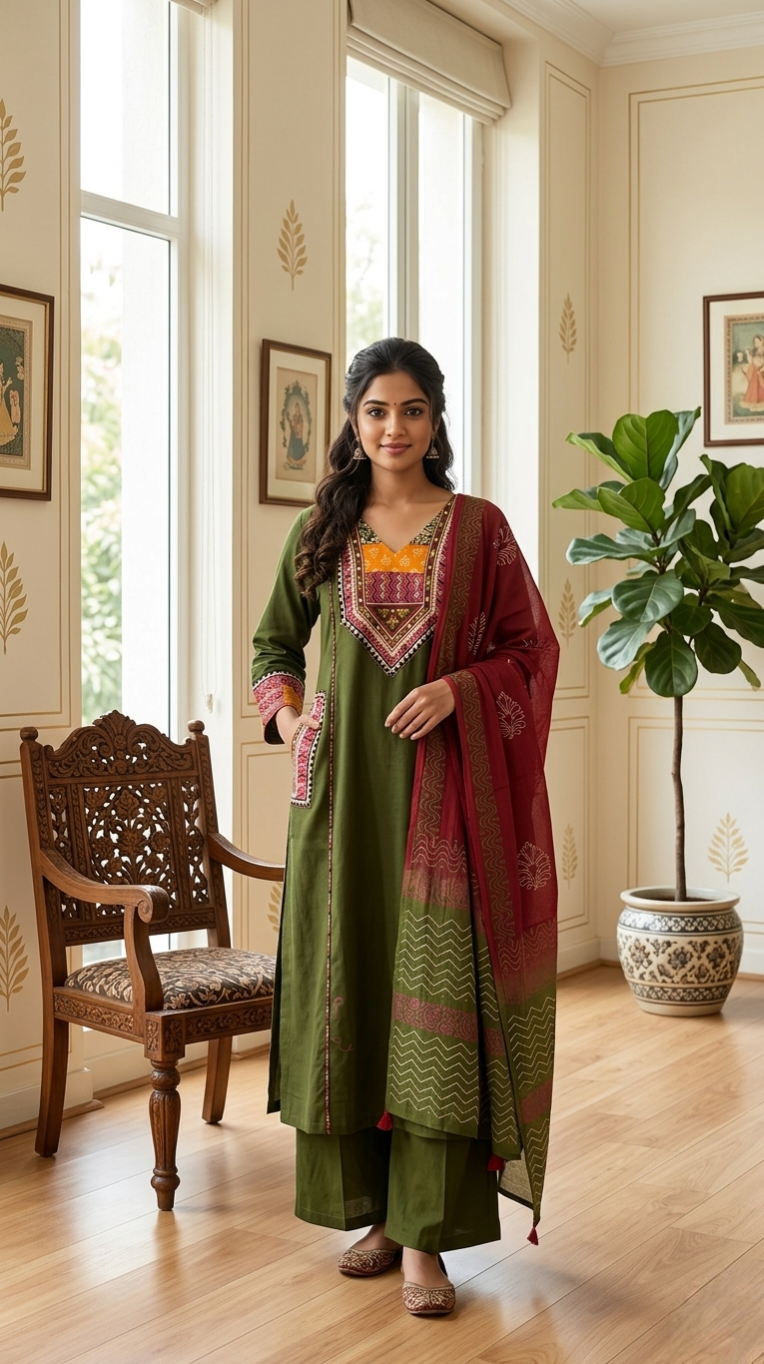Women Mehandi Patch With Thread Work Cotton Kurta Pant Dupatta Set