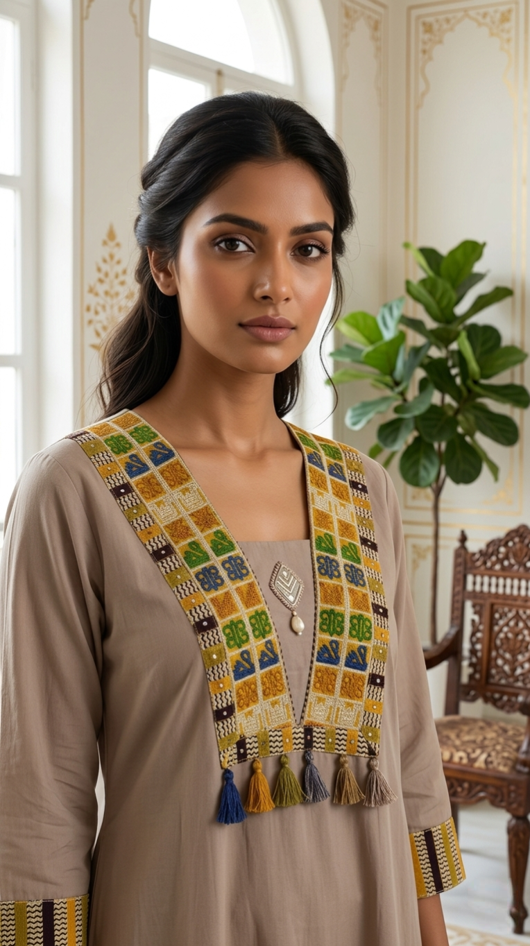 Women Light Brown Patch With Mirror Work Cotton Kurta Plazo Dupatta Set