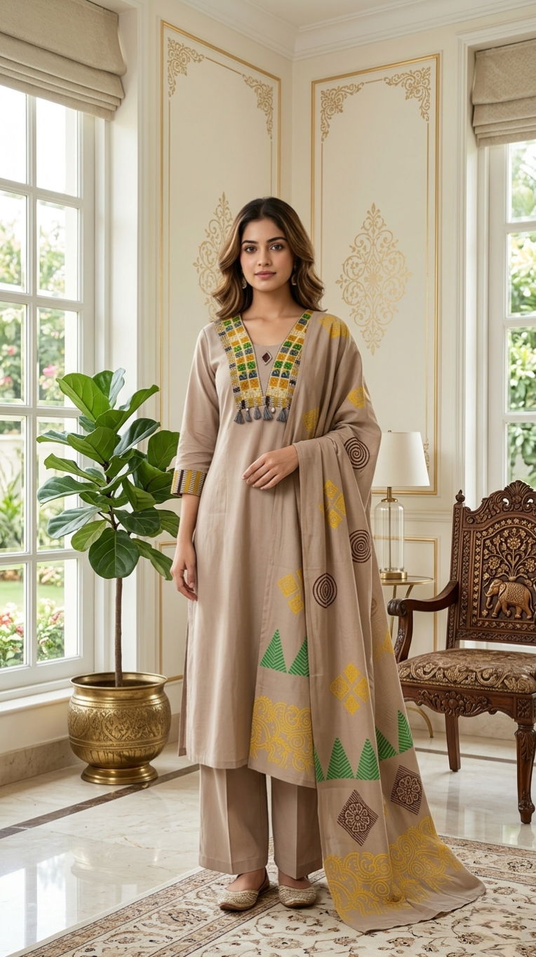 Women Light Brown Patch With Mirror Work Cotton Kurta Plazo Dupatta Set