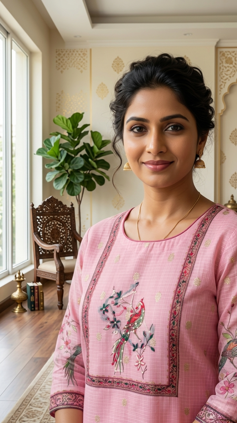 Women Pink Thread Embroidered Kota Doria Kurta Pant Dupatta Set