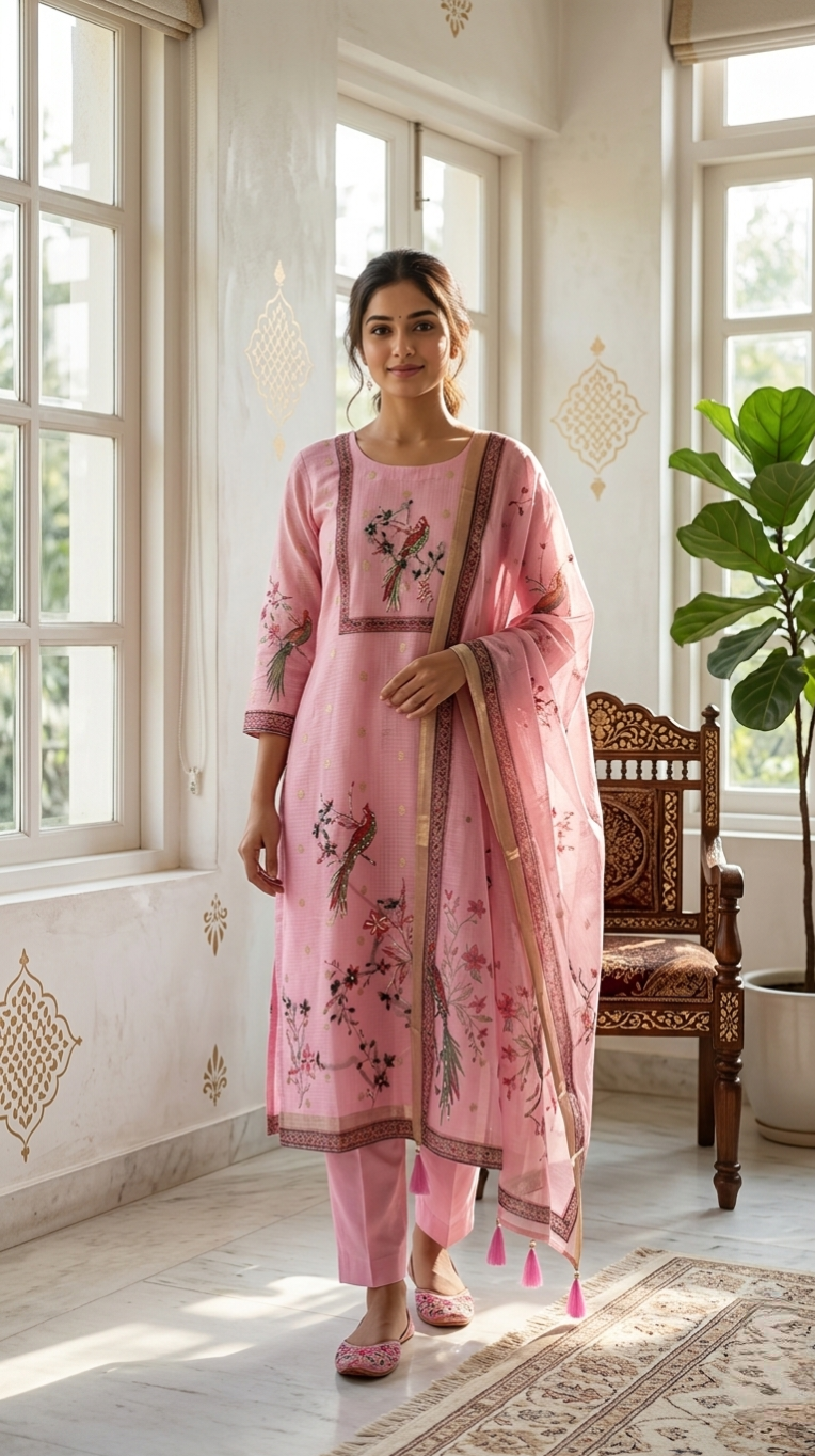 Women Pink Thread Embroidered Kota Doria Kurta Pant Dupatta Set
