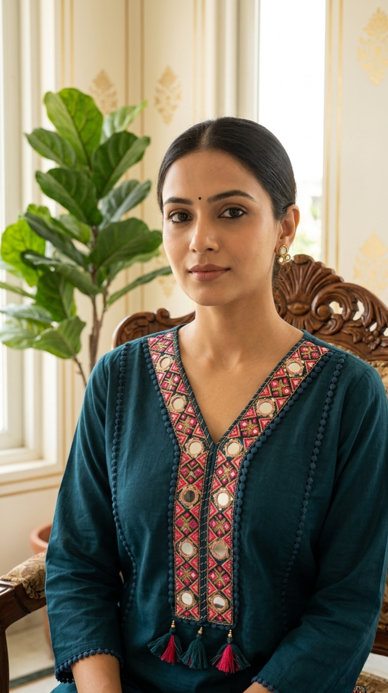 Women Dark Green Mirror Work Cotton Kurta Pant Dupatta Set