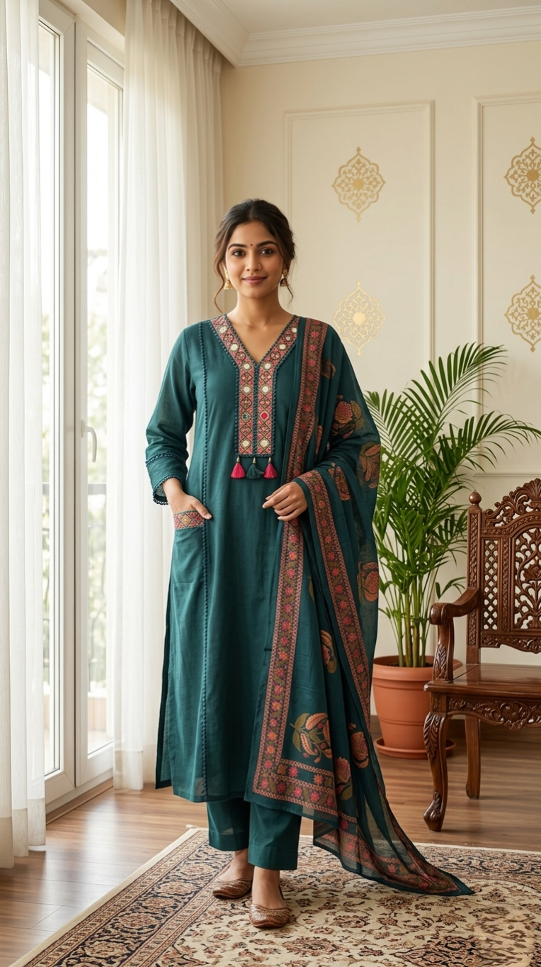 Women Dark Green Mirror Work Cotton Kurta Pant Dupatta Set