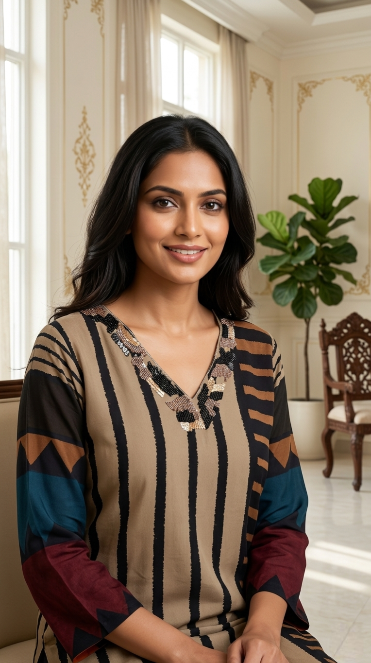 Women Multicolour Beads Work Crepe Silk Kurta Pant Dupatta Set
