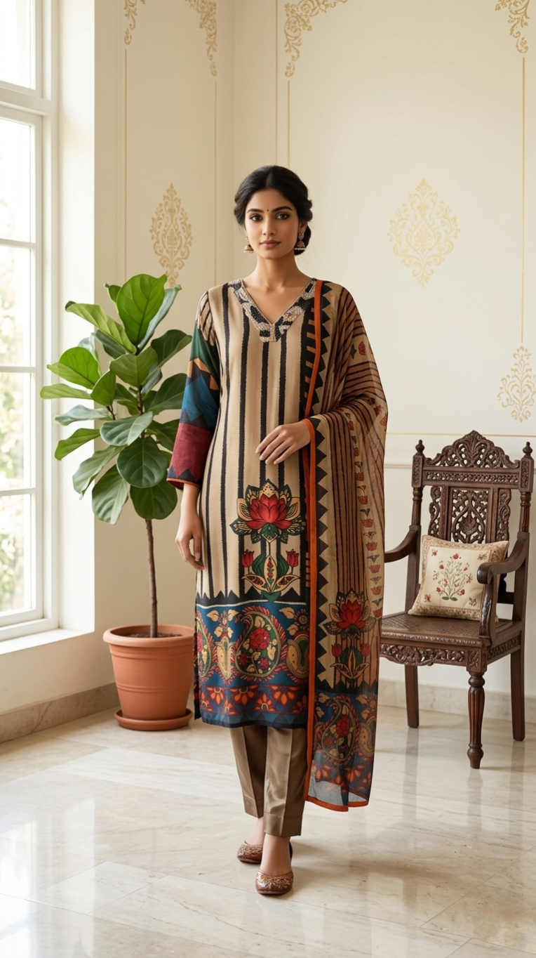 Women Multicolour Beads Work Crepe Silk Kurta Pant Dupatta Set