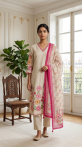 Women Off White Floral Embroidery Cotton Kurta Pant Dupatta Set