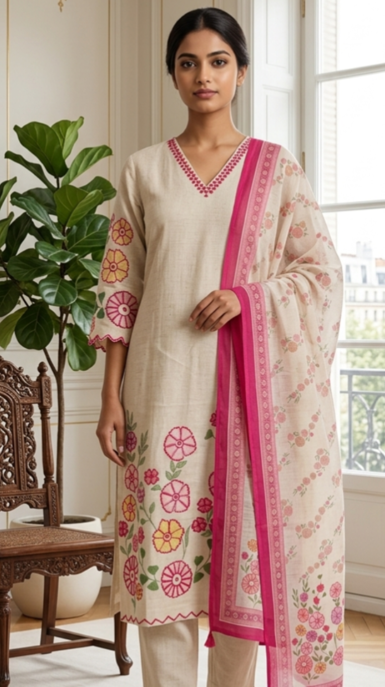 Women Off White Floral Embroidery Cotton Kurta Pant Dupatta Set