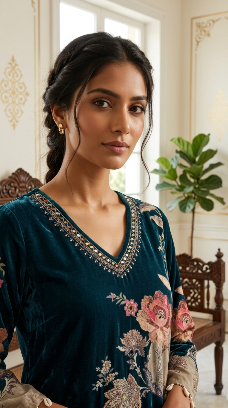 Women Teal Blue Beads With Mirror Work Crepe Silk Kurta Pant Dupatta Set
