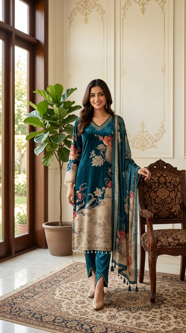 Women Teal Blue Beads With Mirror Work Crepe Silk Kurta Pant Dupatta Set