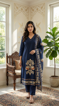 Women Navy Blue Thread With Patch Work Cotton Kurta Pant Dupatta Set