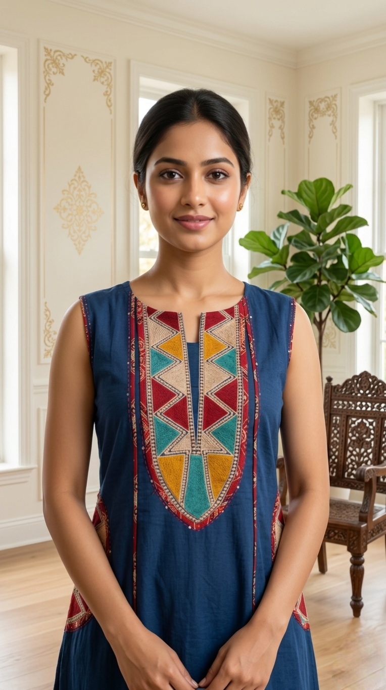 Women Navy Blue Patch Work Cotton Kurta Pant Dupatta Set