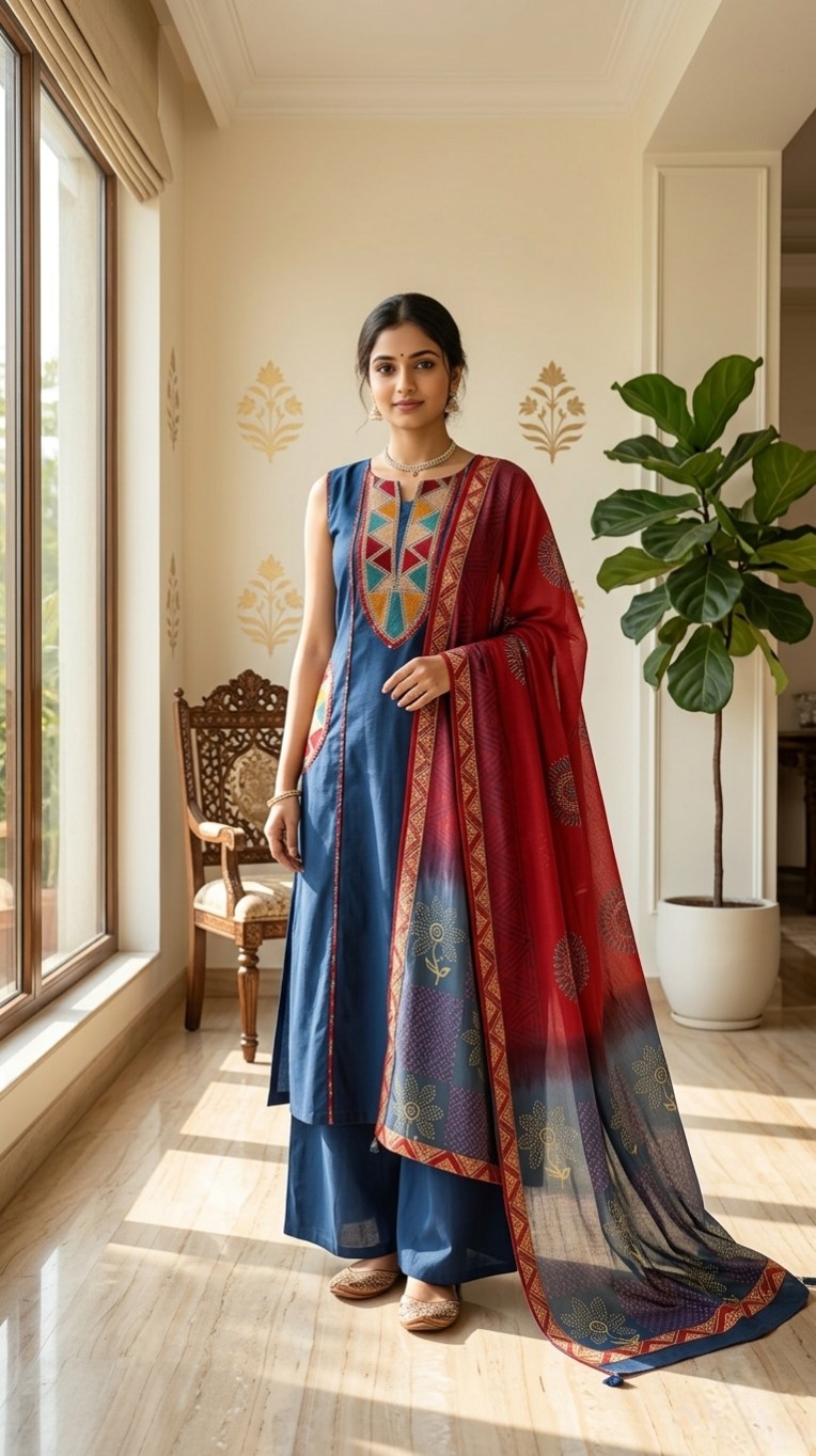 Women Navy Blue Patch Work Cotton Kurta Pant Dupatta Set