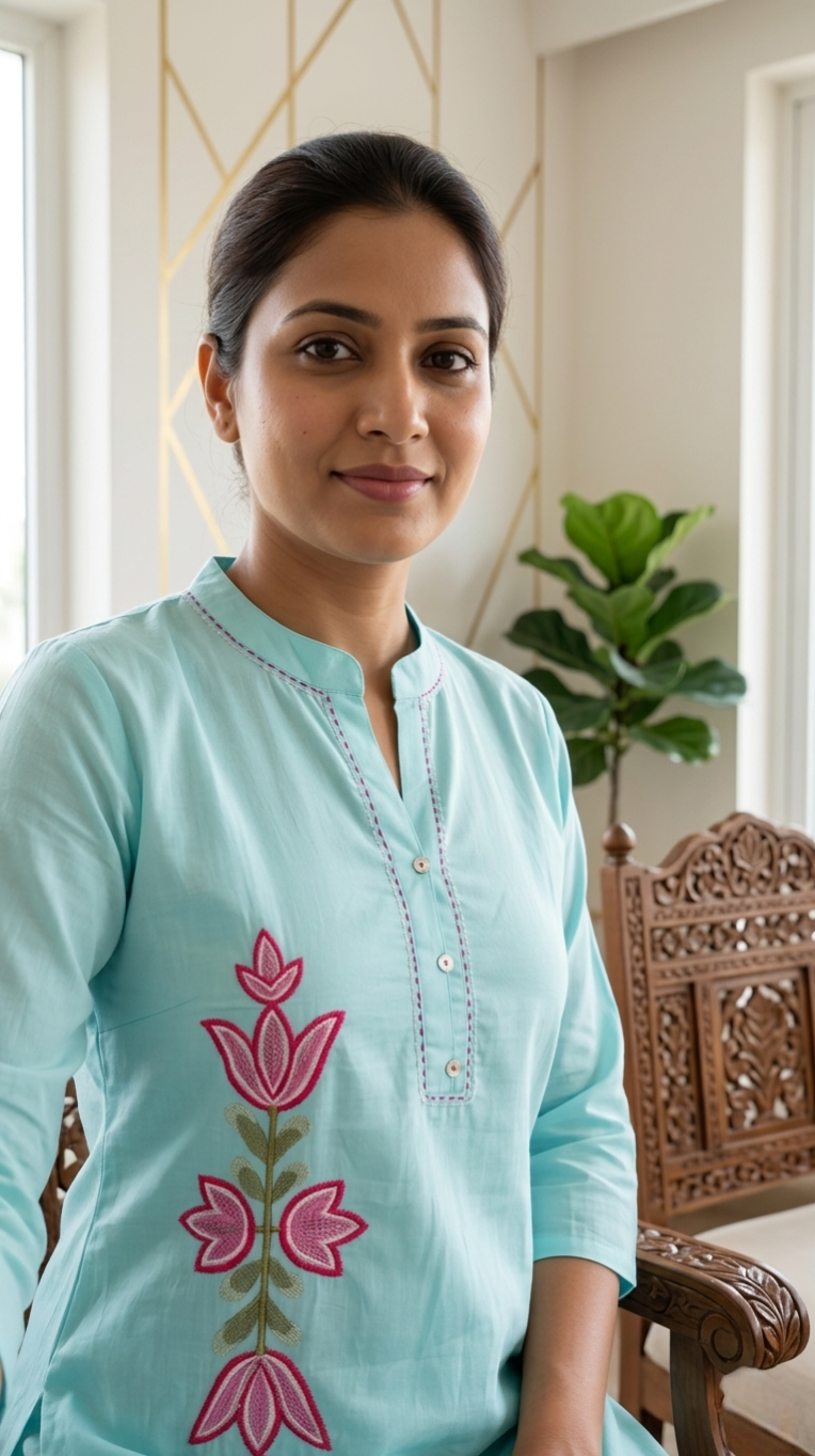 Women Sky Blue Thread Work Cotton Kurta Pant Set