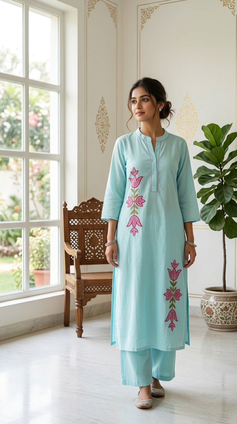 Women Sky Blue Thread Work Cotton Kurta Pant Set