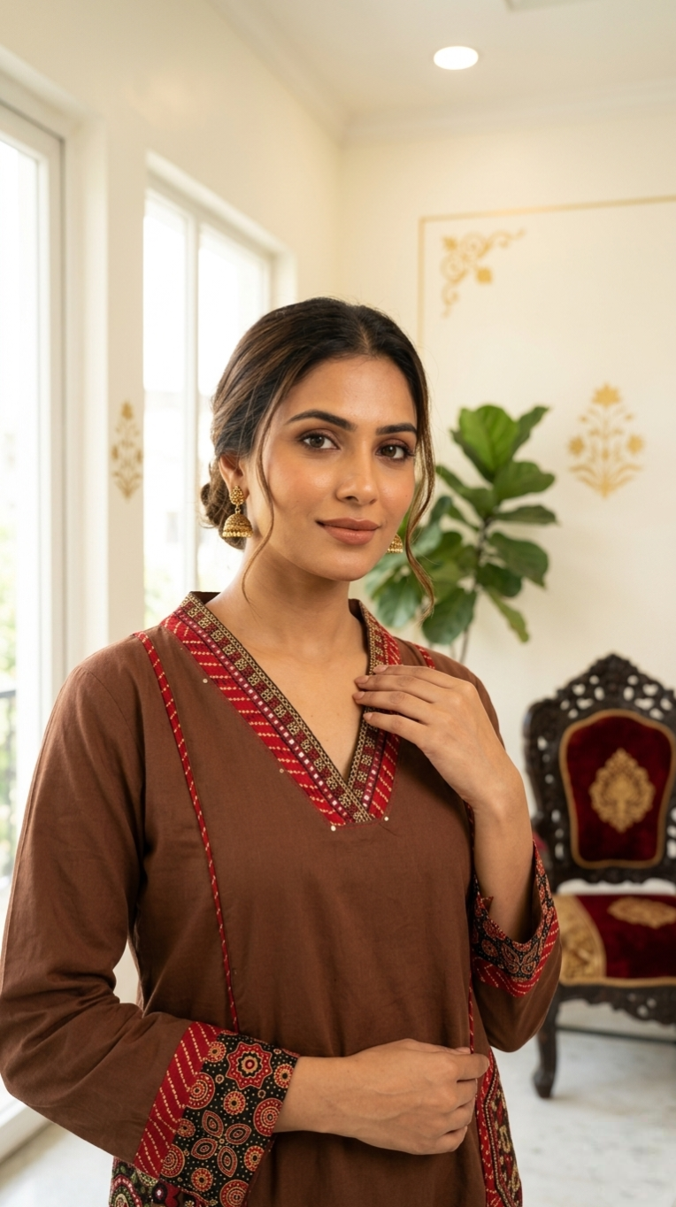 Women Coffee Elegant Embroidered Cotton Kurta Pant Dupatta Set