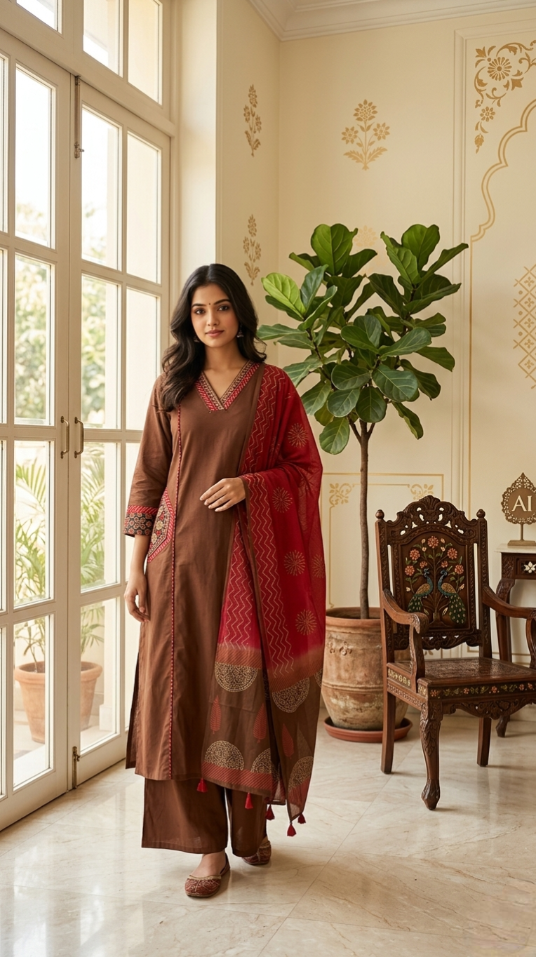 Women Coffee Elegant Embroidered Cotton Kurta Pant Dupatta Set