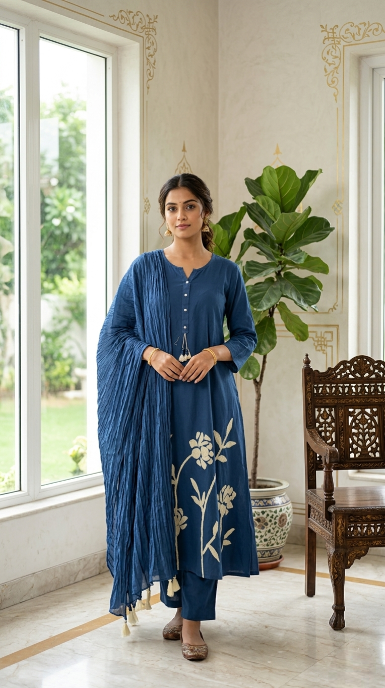 Women Blue Embroidered Cotton Kurta Pant Dupatta Set