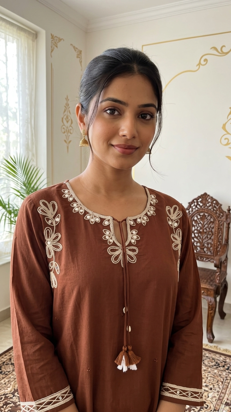 Women Coffee Embroidered Cotton Kurta Pant Dupatta Set