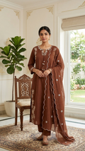 Women Coffee Embroidered Cotton Kurta Pant Dupatta Set