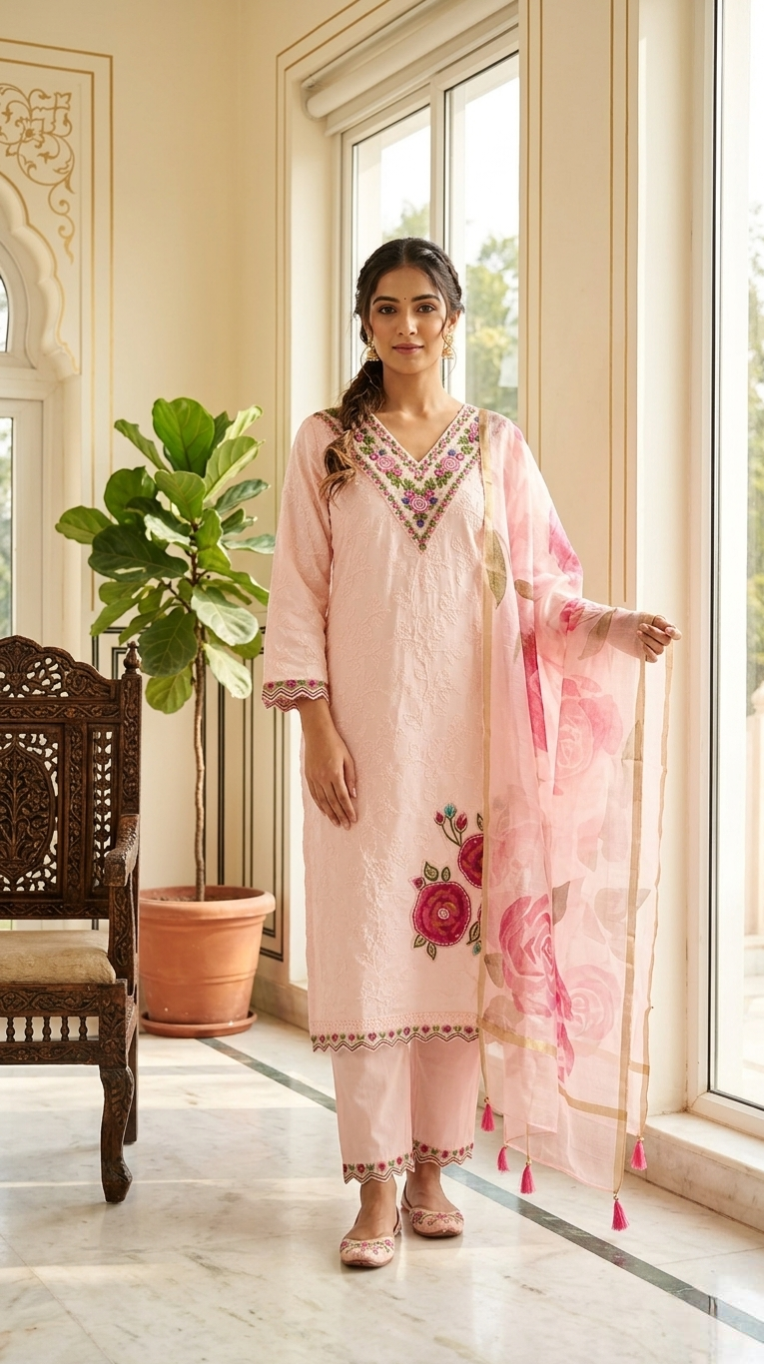 Women Pink Embroidered Cotton Kurta Pant Dupatta Set