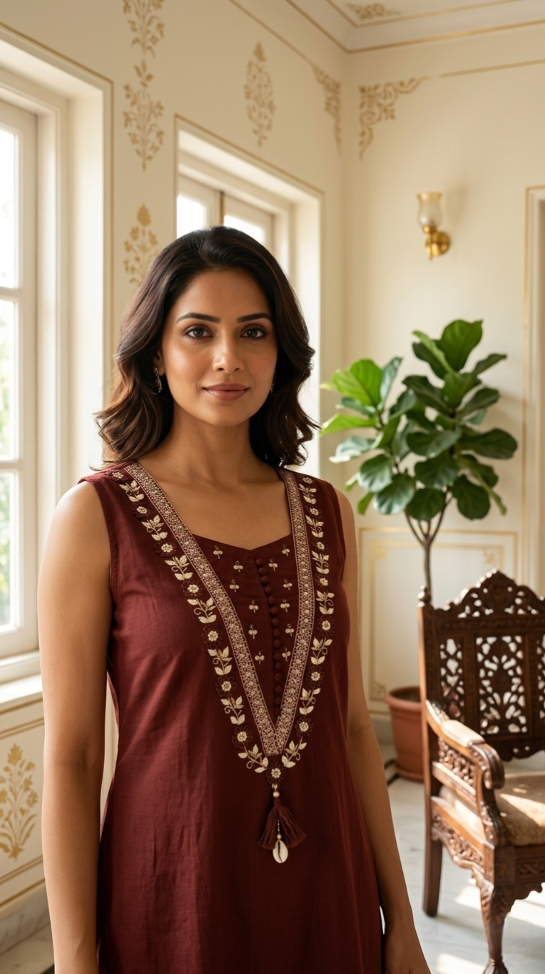 Women Coffee Thread Work Cotton Kurta Pant Dupatta Set