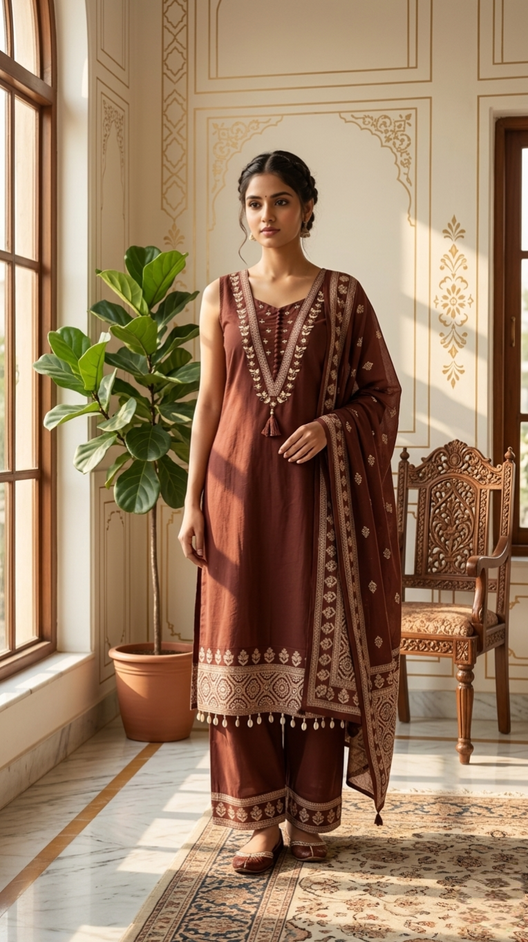 Women Coffee Thread Work Cotton Kurta Pant Dupatta Set