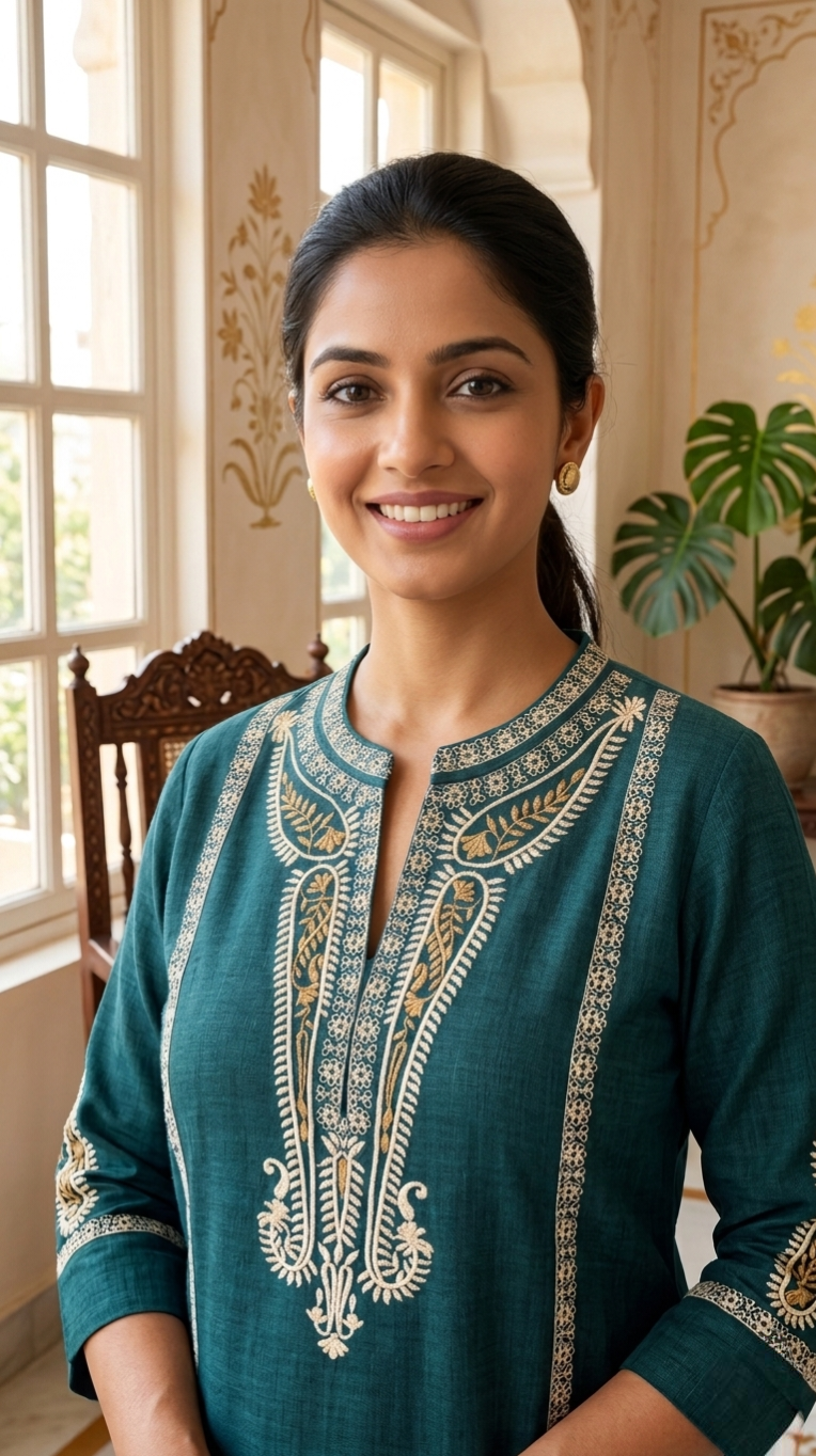 Women Green Embroidered Imported Cotton Kurta Pant Set