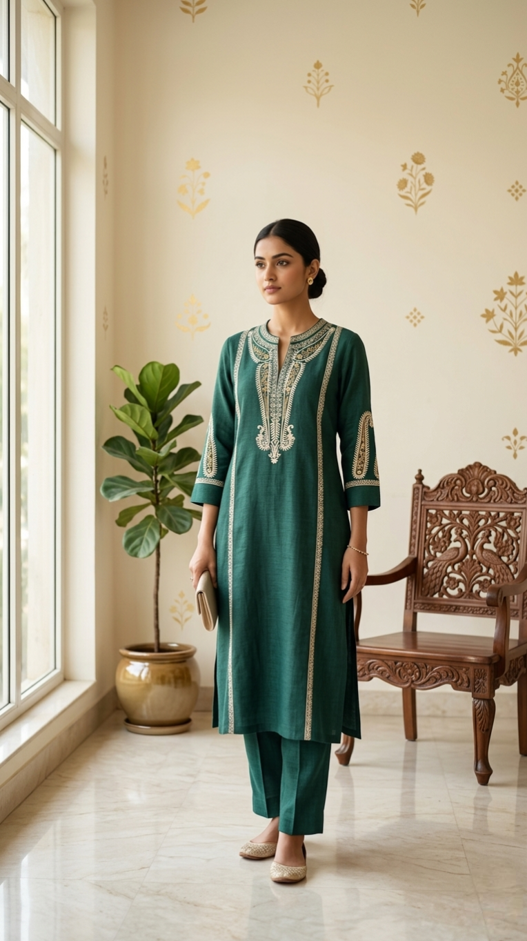 Women Green Embroidered Imported Cotton Kurta Pant Set