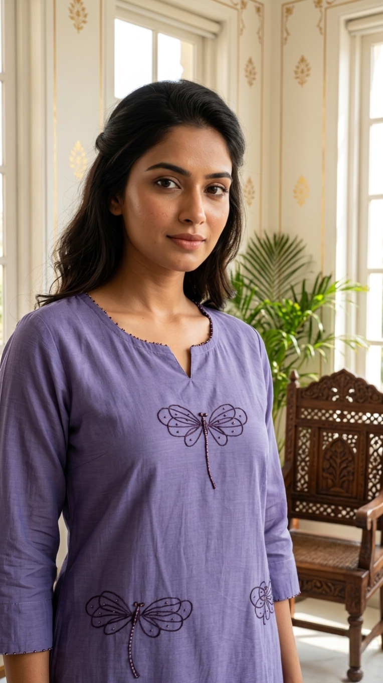 Women Purple Thread Work Cotton Kurta Plazo Dupatta Set