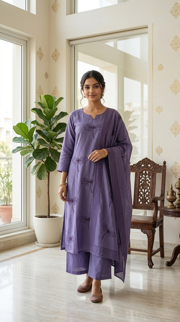 Women Purple Thread Work Cotton Kurta Plazo Dupatta Set