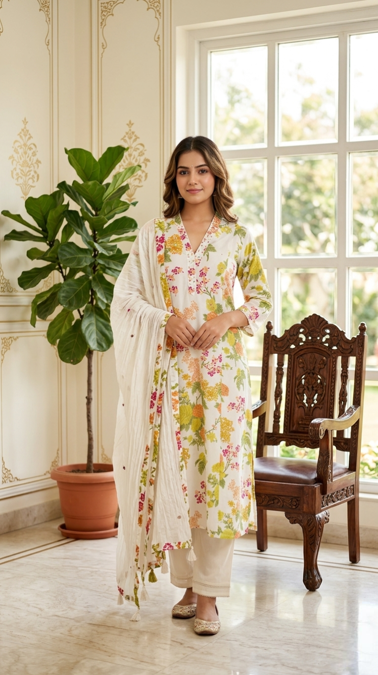 Women Off White Printed Cotton Kurta Pant Dupatta Set