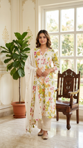 Women Off White Printed Cotton Kurta Pant Dupatta Set