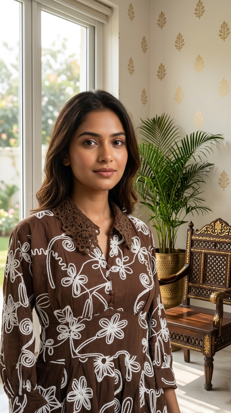 Women Coffee Embroidered Cotton Indo Western One Piece