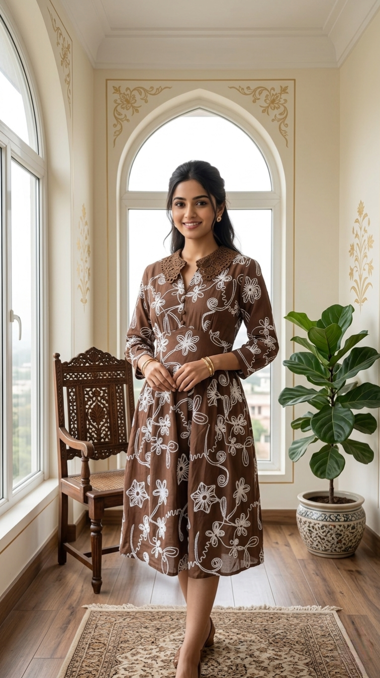 Women Coffee Embroidered Cotton Indo Western One Piece