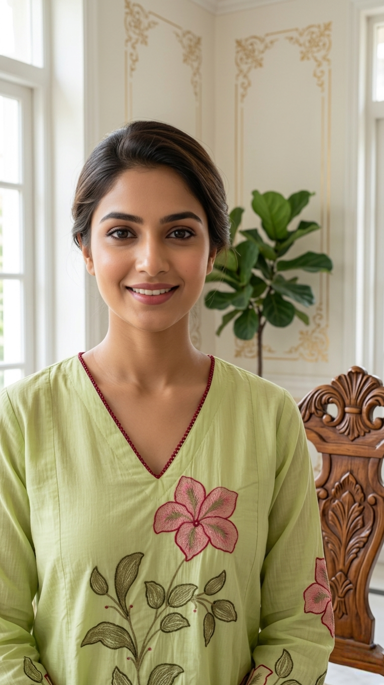 Women Lime Green Floral Embroidery Mul Cotton Kurta Pant Dupatta Set