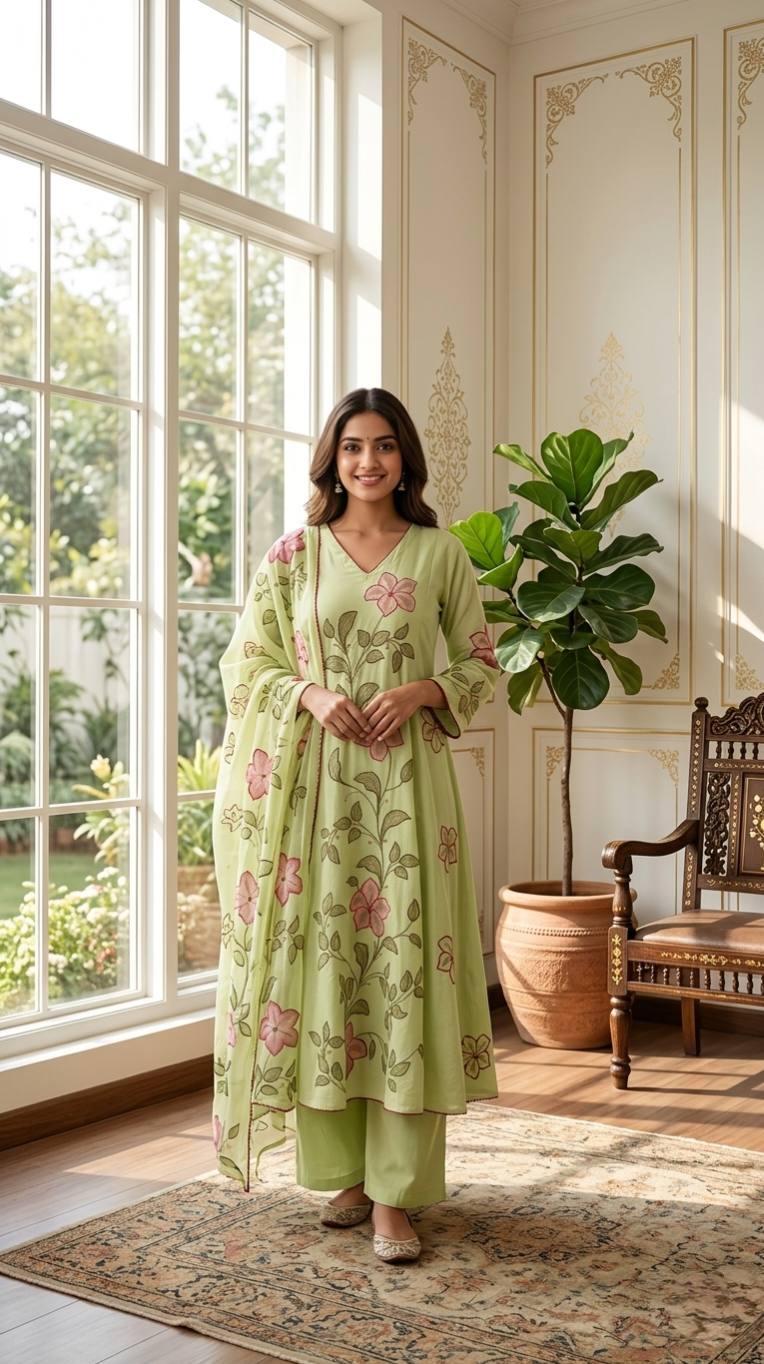 Women Lime Green Floral Embroidery Mul Cotton Kurta Pant Dupatta Set