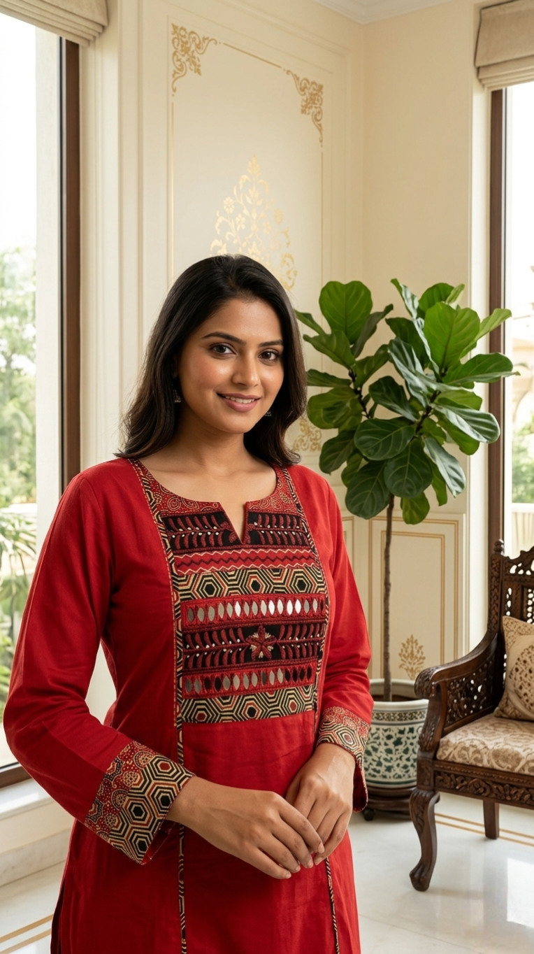 Women Red Mirror Work Cotton Kurta Plazo Dupatta Set