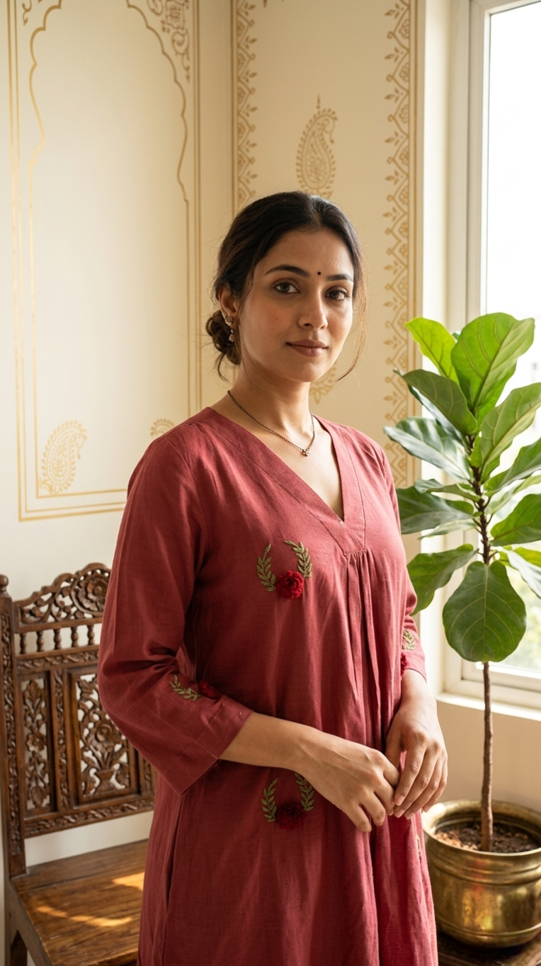 Women Peach Floral Embroidery Mul Cotton Kurta Plazo Dupatta Set