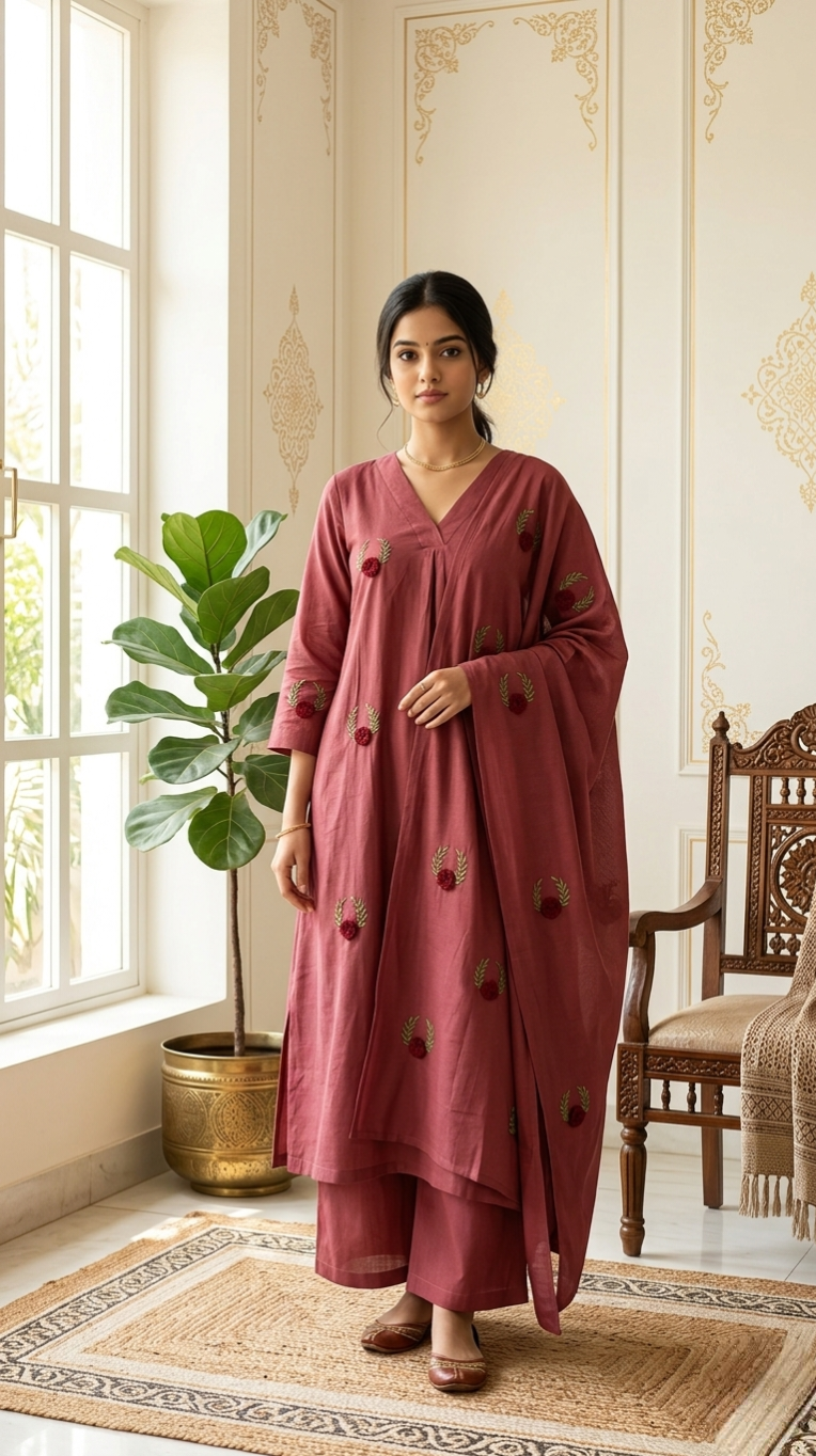 Women Peach Floral Embroidery Mul Cotton Kurta Plazo Dupatta Set