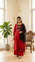 Women Red Mirror Work Cotton Kurta Plazo Dupatta Set