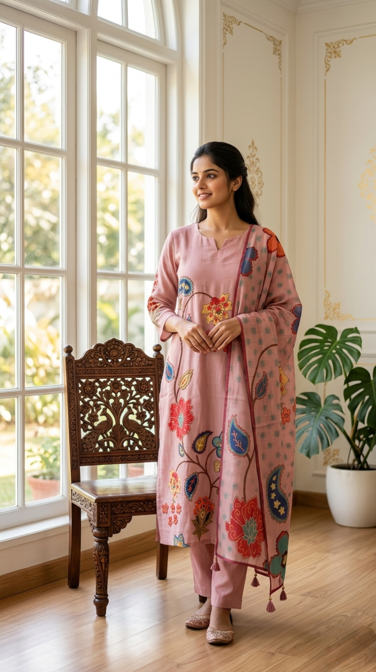 Women Peach Kantha Stitch Work Mul Chanderi Kurta Pant Dupatta Set