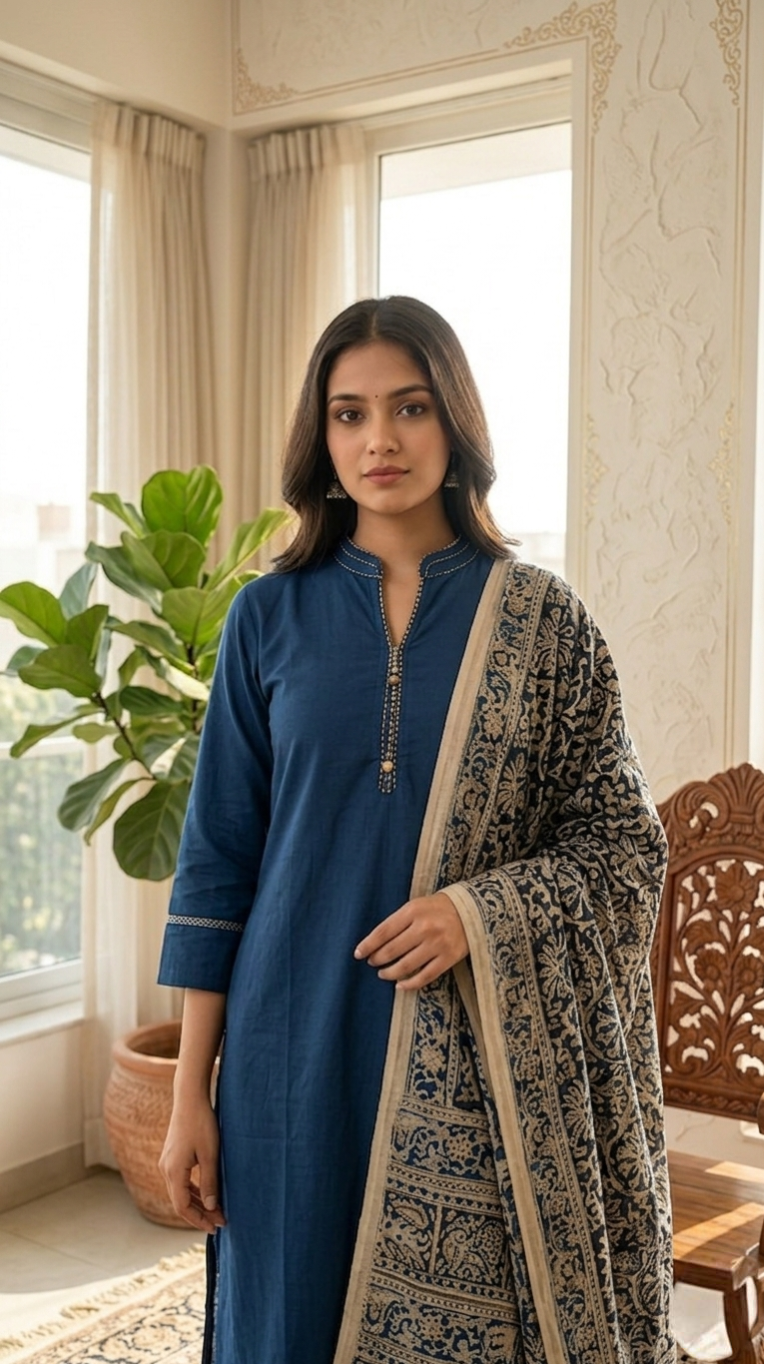 Women Navy Blue Thread Work Cotton Kurta Pant Dupatta Set