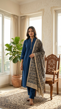 Women Navy Blue Thread Work Cotton Kurta Pant Dupatta Set
