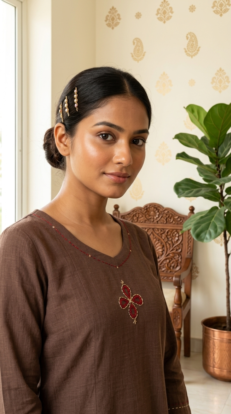 Women Brown Thread Work Pure Cotton Kurta Plazo Dupatta Set
