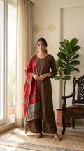 Women Brown Thread Work Pure Cotton Kurta Plazo Dupatta Set