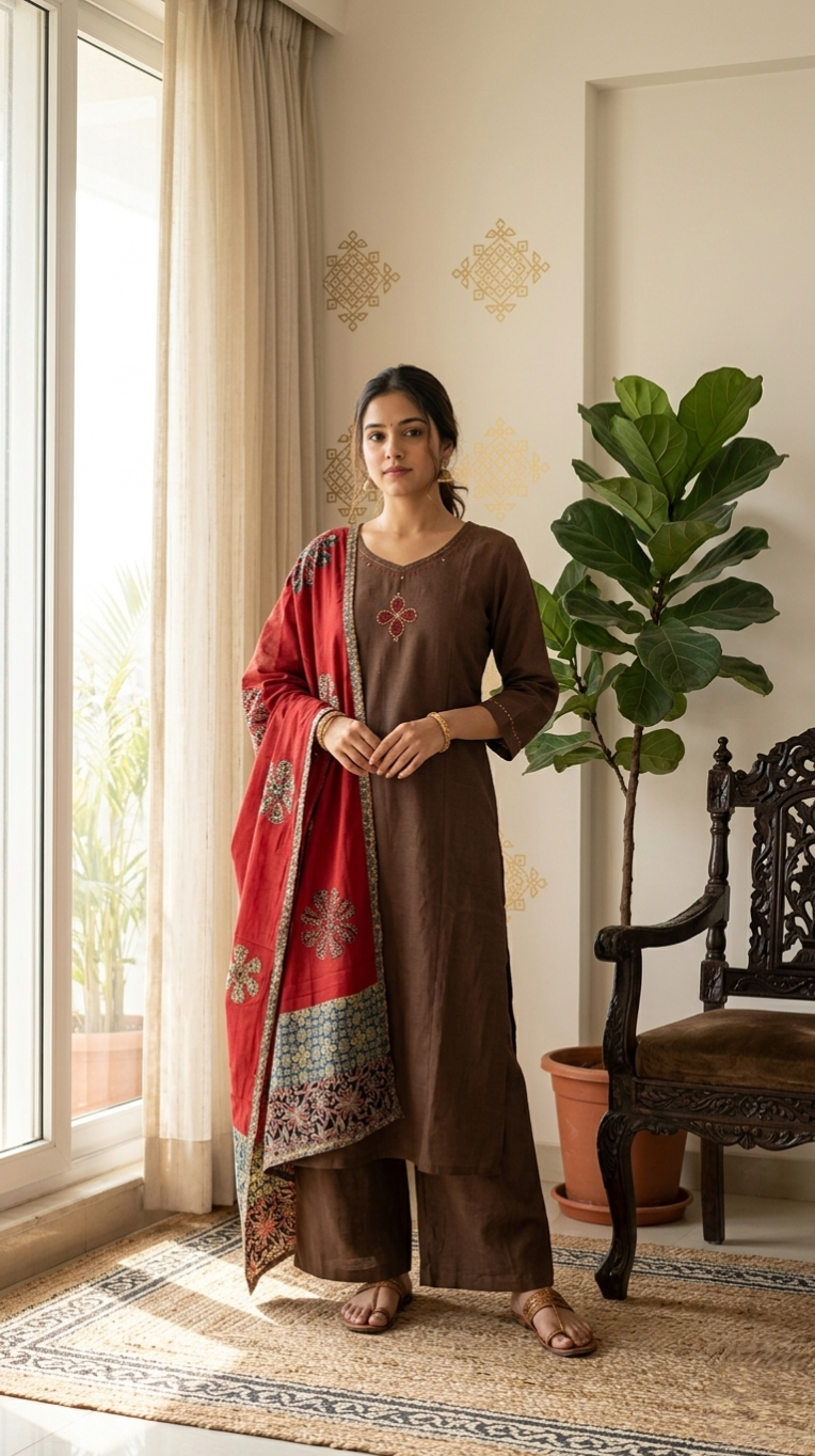 Women Brown Thread Work Pure Cotton Kurta Plazo Dupatta Set